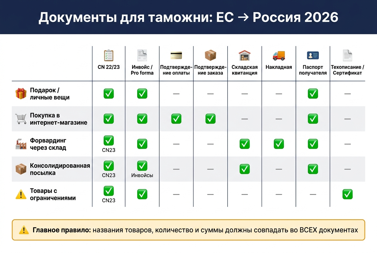 Документы для таможни при отправке посылки из ЕС в Россию 2026