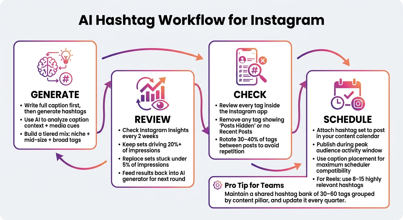 AI Hashtag Workflow for Instagram: Generate, Check, Schedule, Review