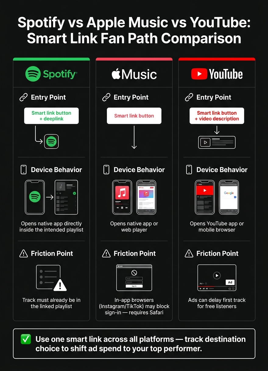 Spotify vs Apple Music vs YouTube: Smart Link Fan Path Comparison