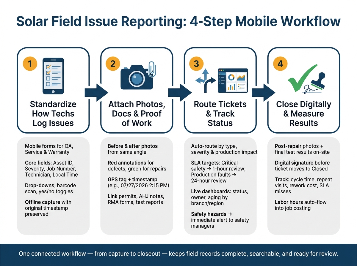 Solar Field Issue Reporting: 4-Step Mobile Workflow