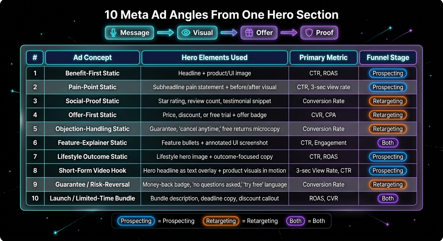 10 Meta Ad Angles From One Hero Section: Funnel Stage, Goal & Key Metrics