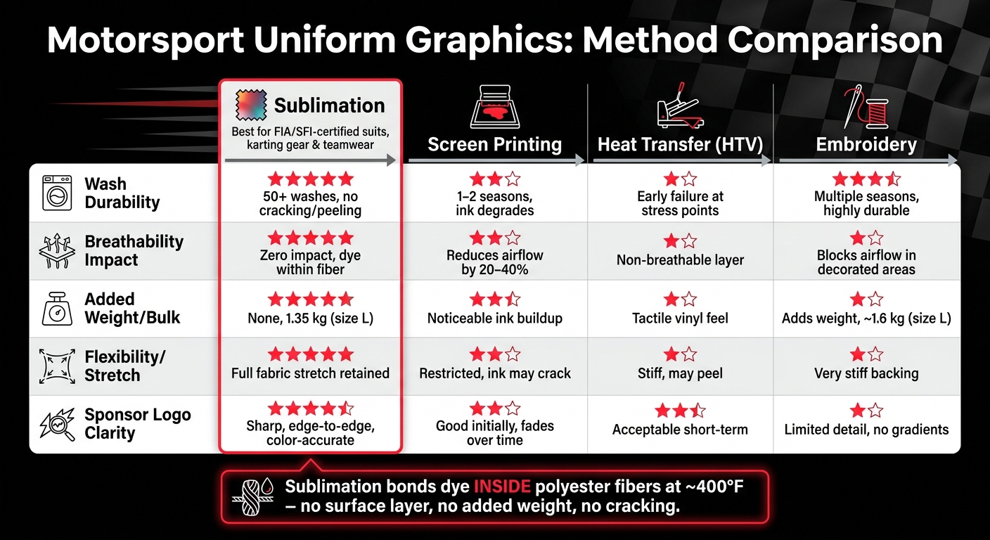 Sublimation vs. Screen Printing vs. Embroidery: Motorsport Uniform Graphics Compared