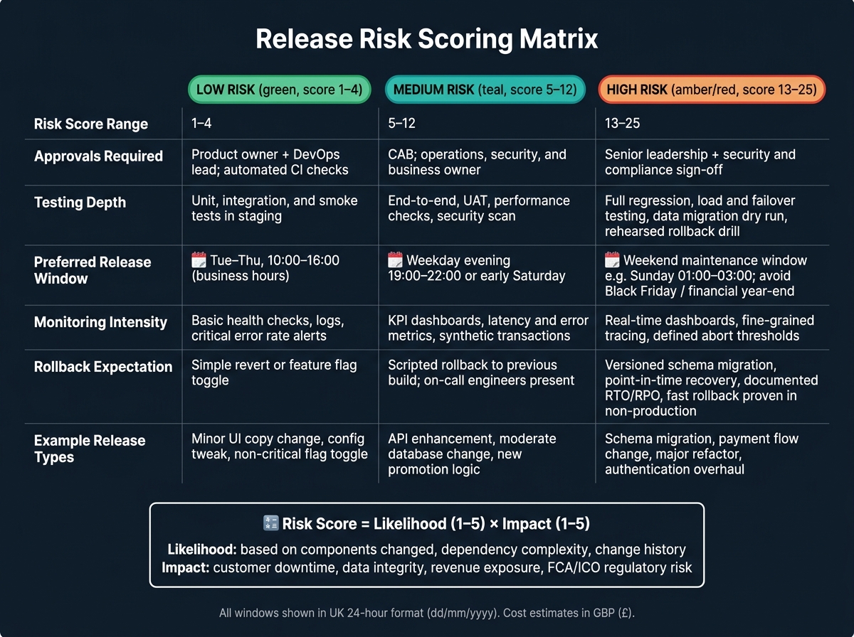 Release Risk Scoring Matrix: Low vs Medium vs High Risk Releases