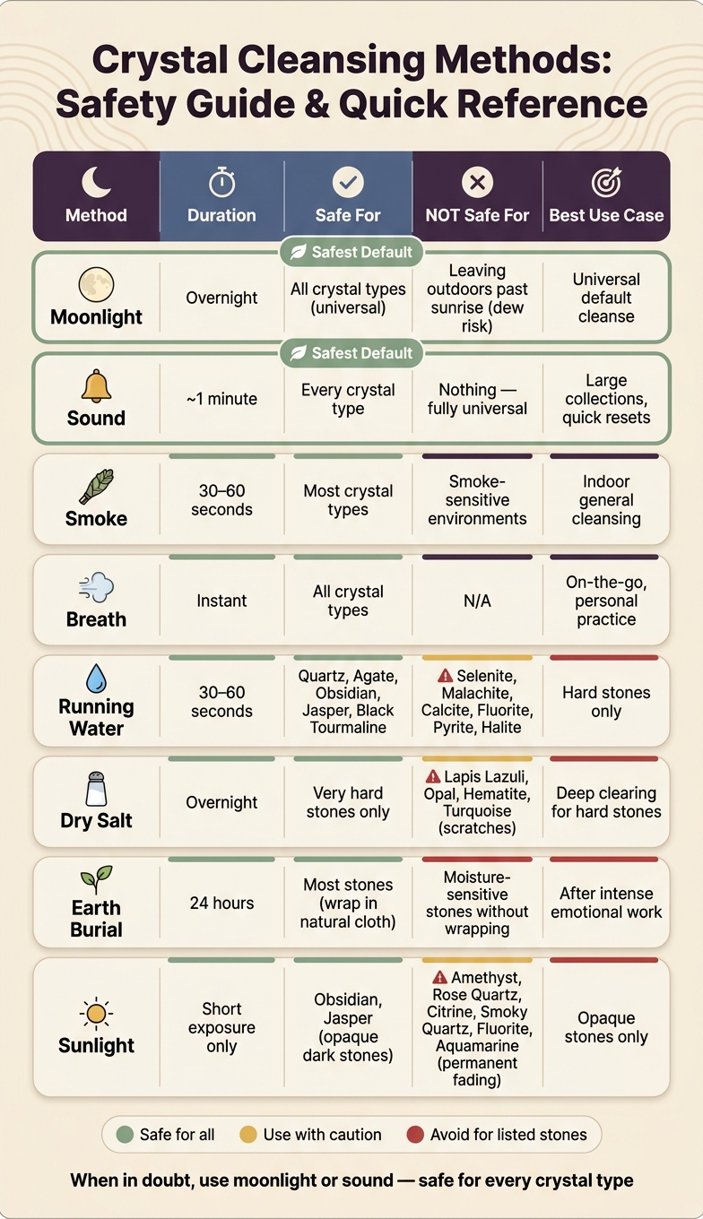 Crystal Cleansing Methods: Safety Guide & Quick Reference