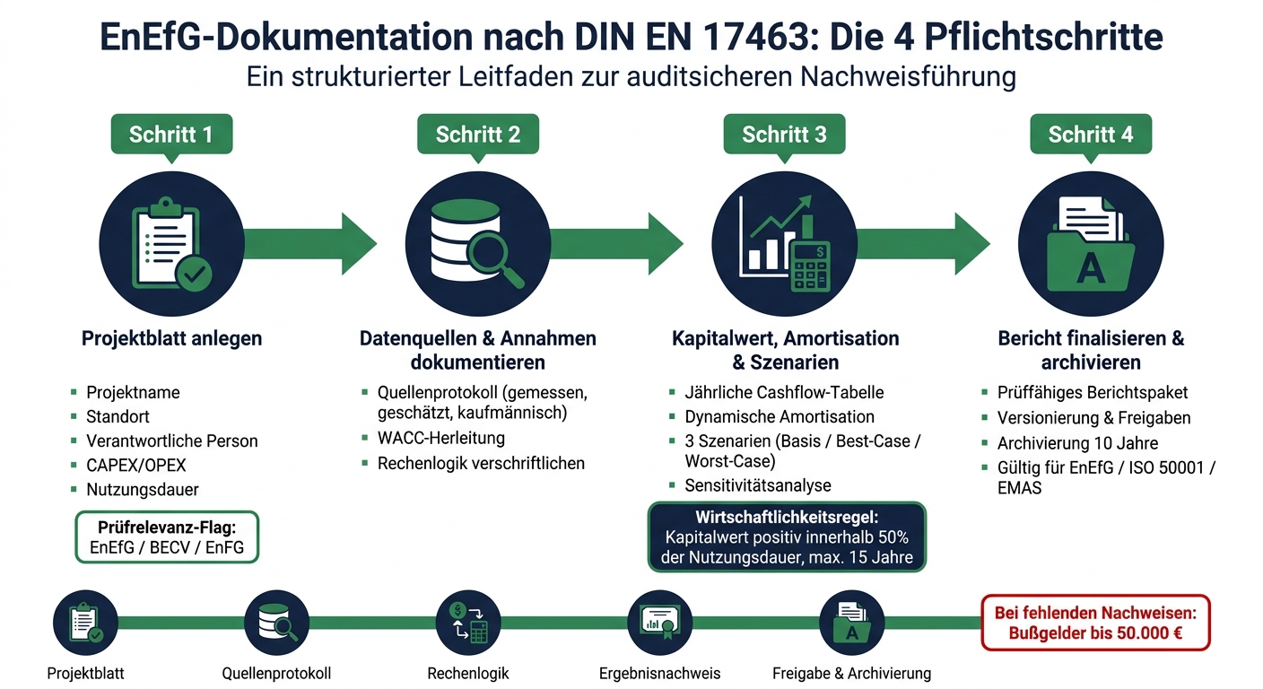 EnEfG-Dokumentation nach DIN EN 17463: Die 4 Pflichtschritte