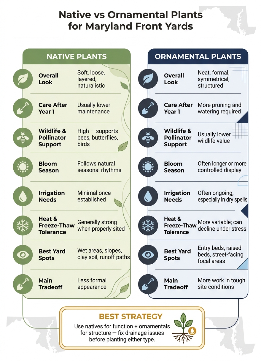 Native vs Ornamental Plants for Maryland Front Yards: Side-by-Side Comparison