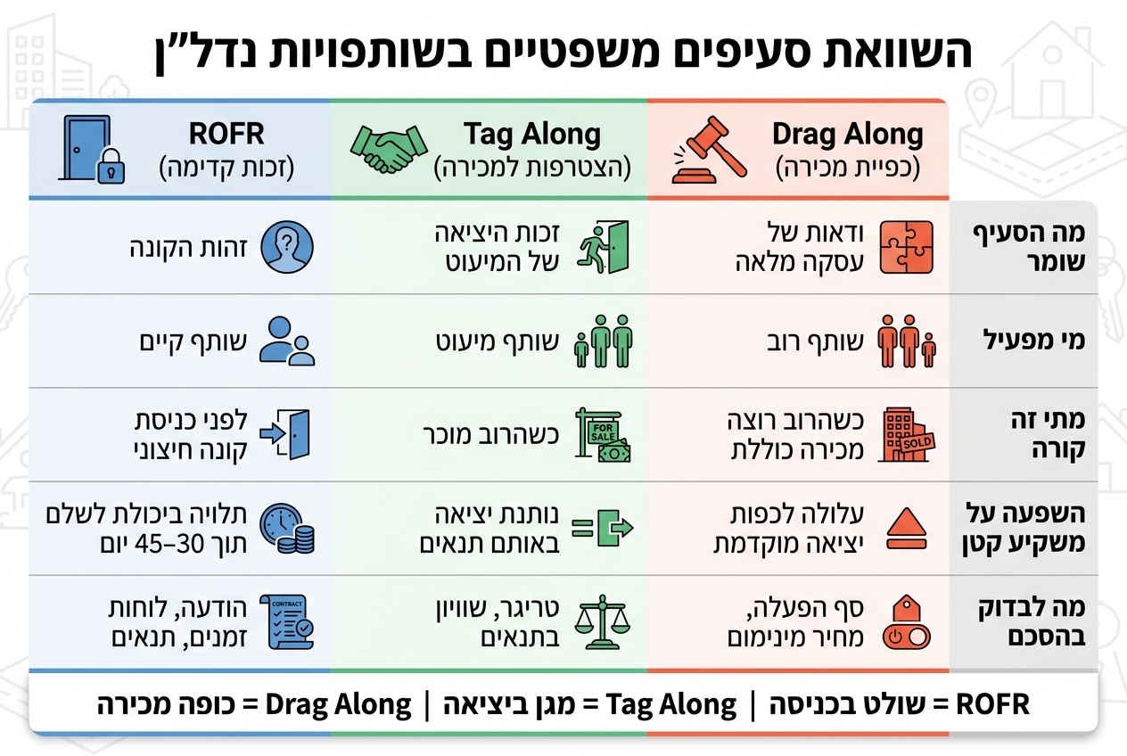 ROFR vs Tag Along vs Drag Along: השוואה מלאה לשותפות קרקע