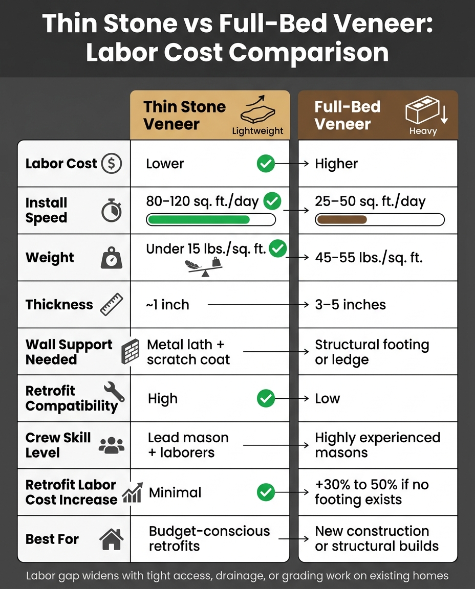 Thin Stone vs Full-Bed Veneer: Labor Cost Comparison