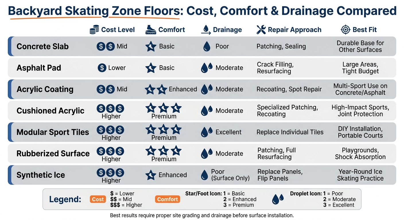 Backyard Skating Zone Floors: Cost, Comfort & Drainage Compared