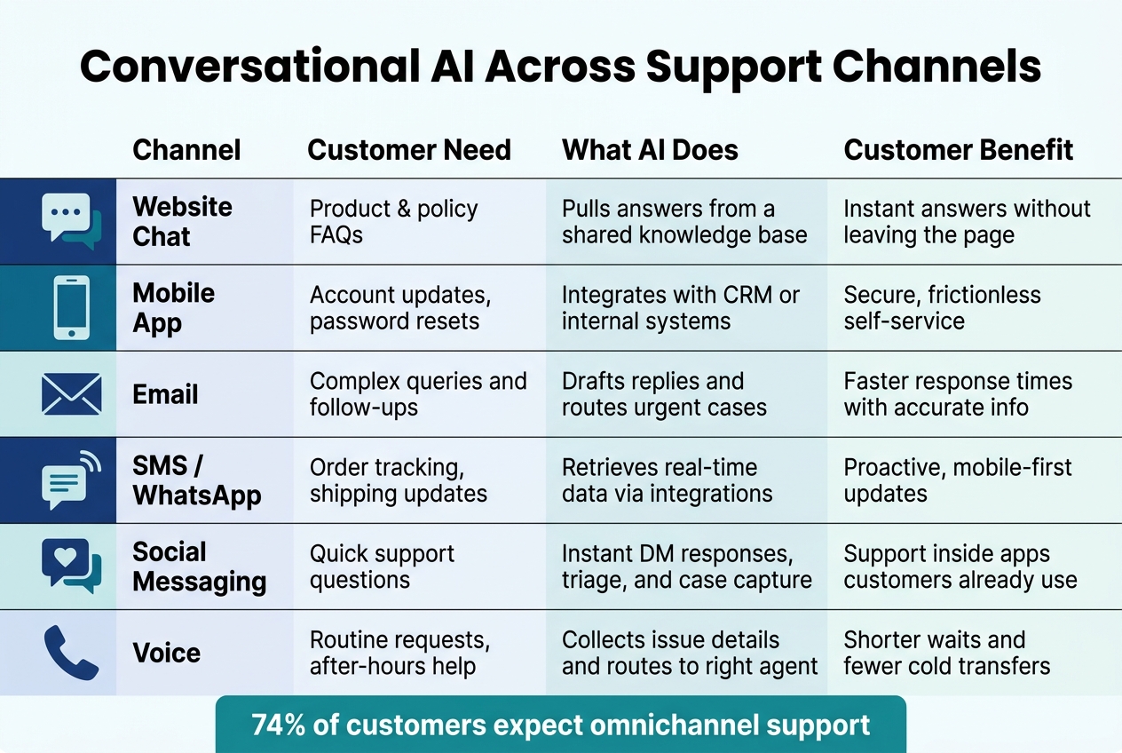 Conversational AI Across Support Channels: What It Does & What Customers Get