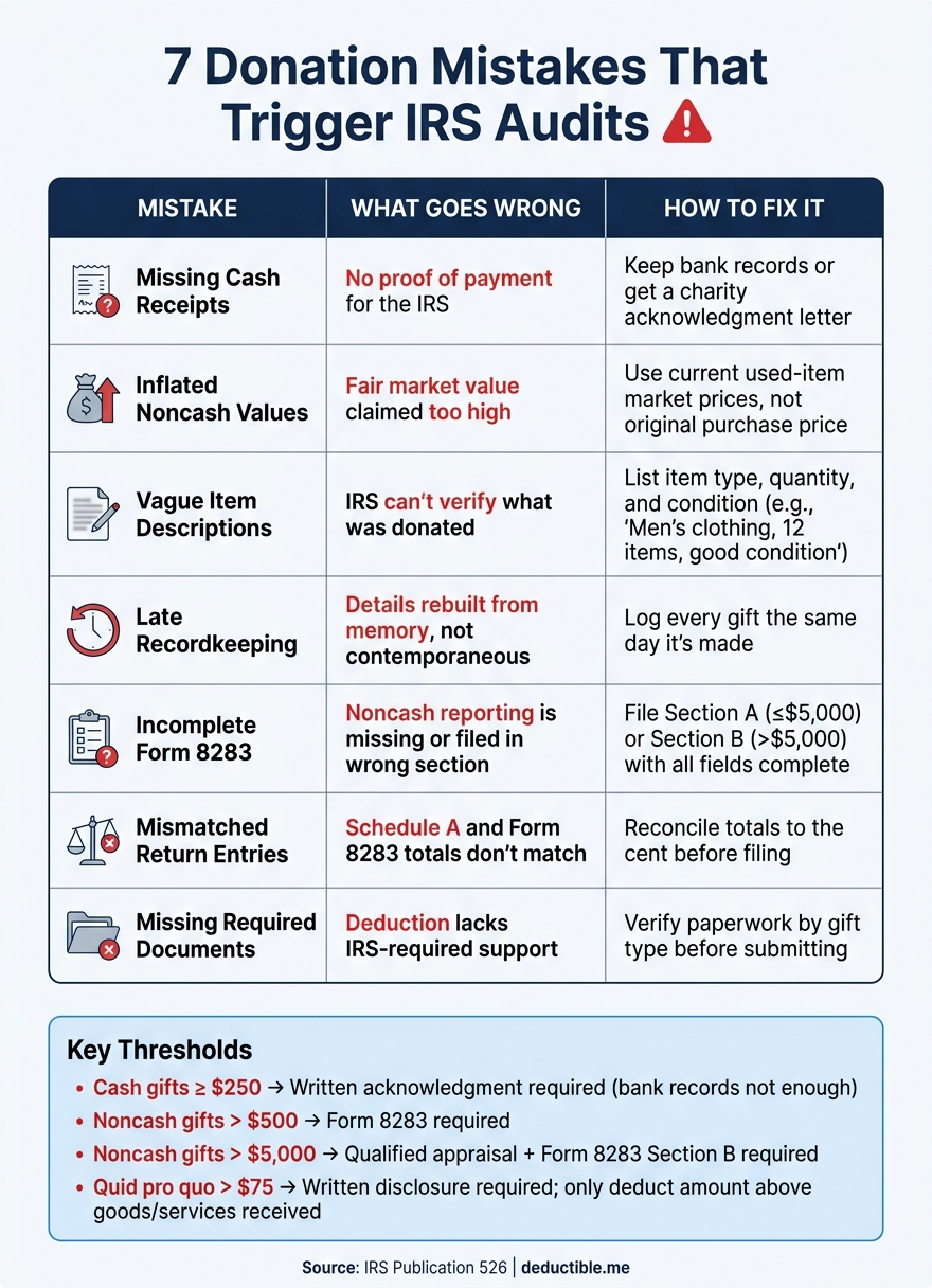 7 Donation Mistakes That Trigger IRS Audits: Quick Reference Guide