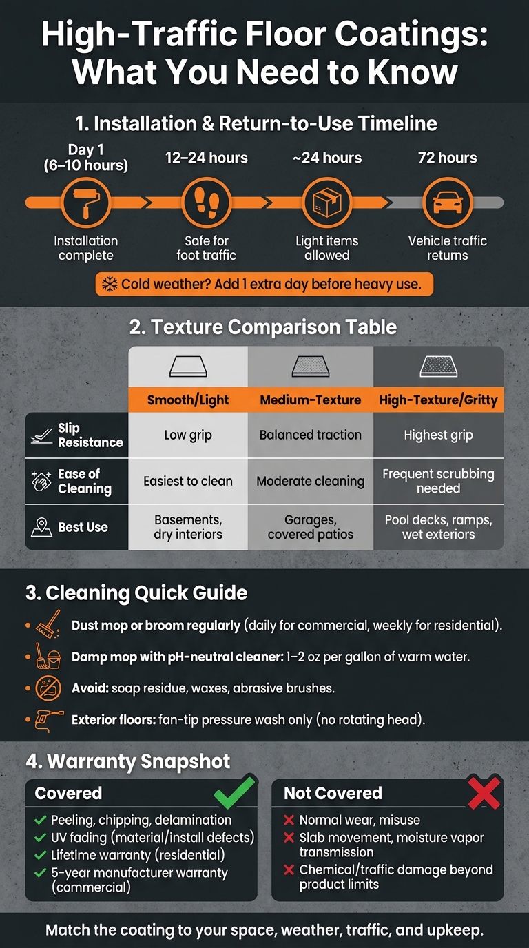 High-Traffic Coatings: Common Questions Answered 1 High-Traffic Floor Coatings: Install Time, Texture & Warranty At A Glance