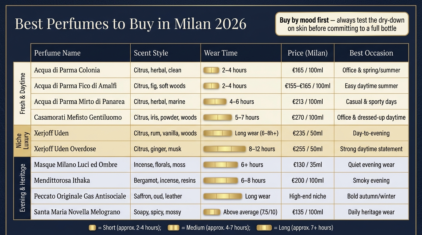 Best Milan Perfumes 2026: Wear Time, Price & Style Compared
