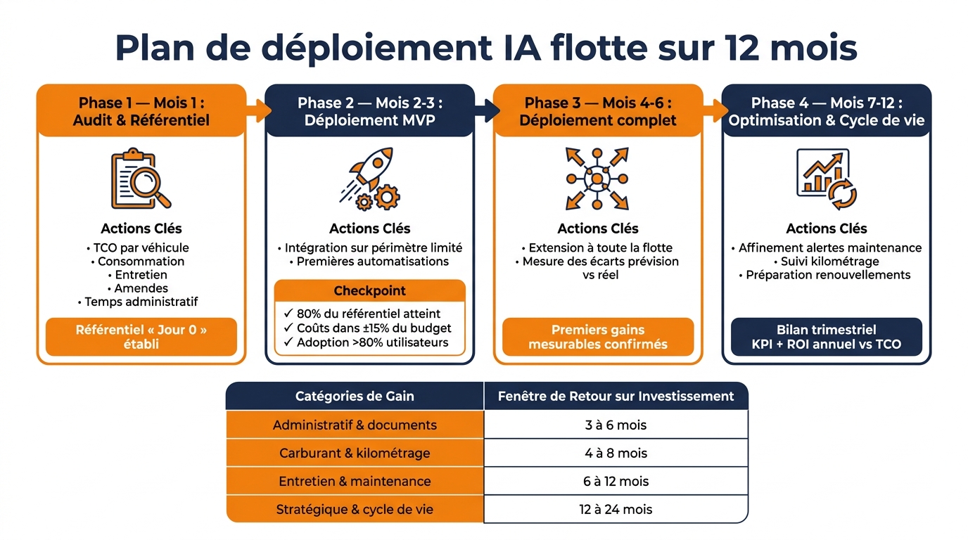 Plan de déploiement IA flotte sur 12 mois : étapes, jalons et gains attendus