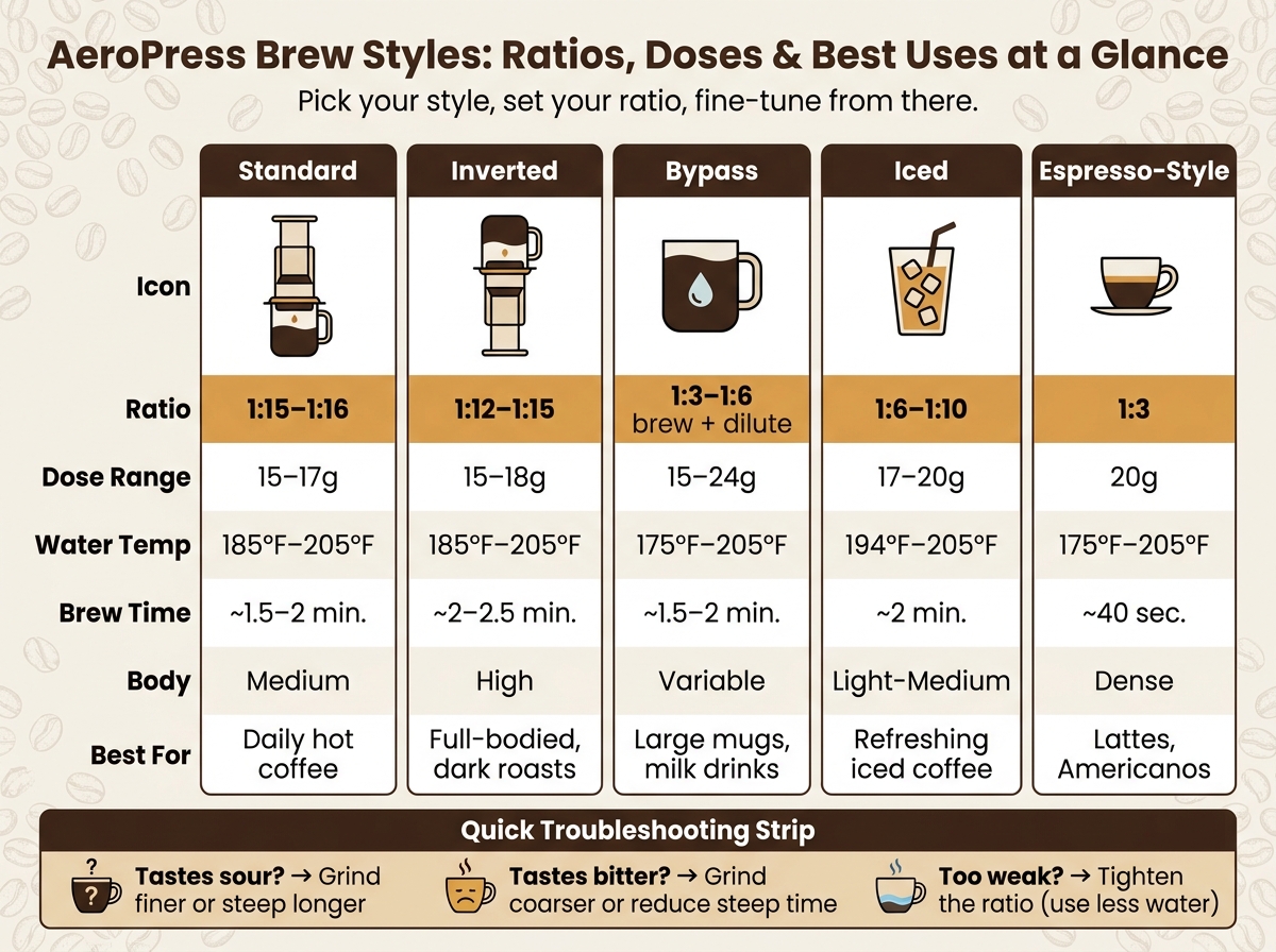 AeroPress Brew Styles: Ratios, Doses & Best Uses at a Glance