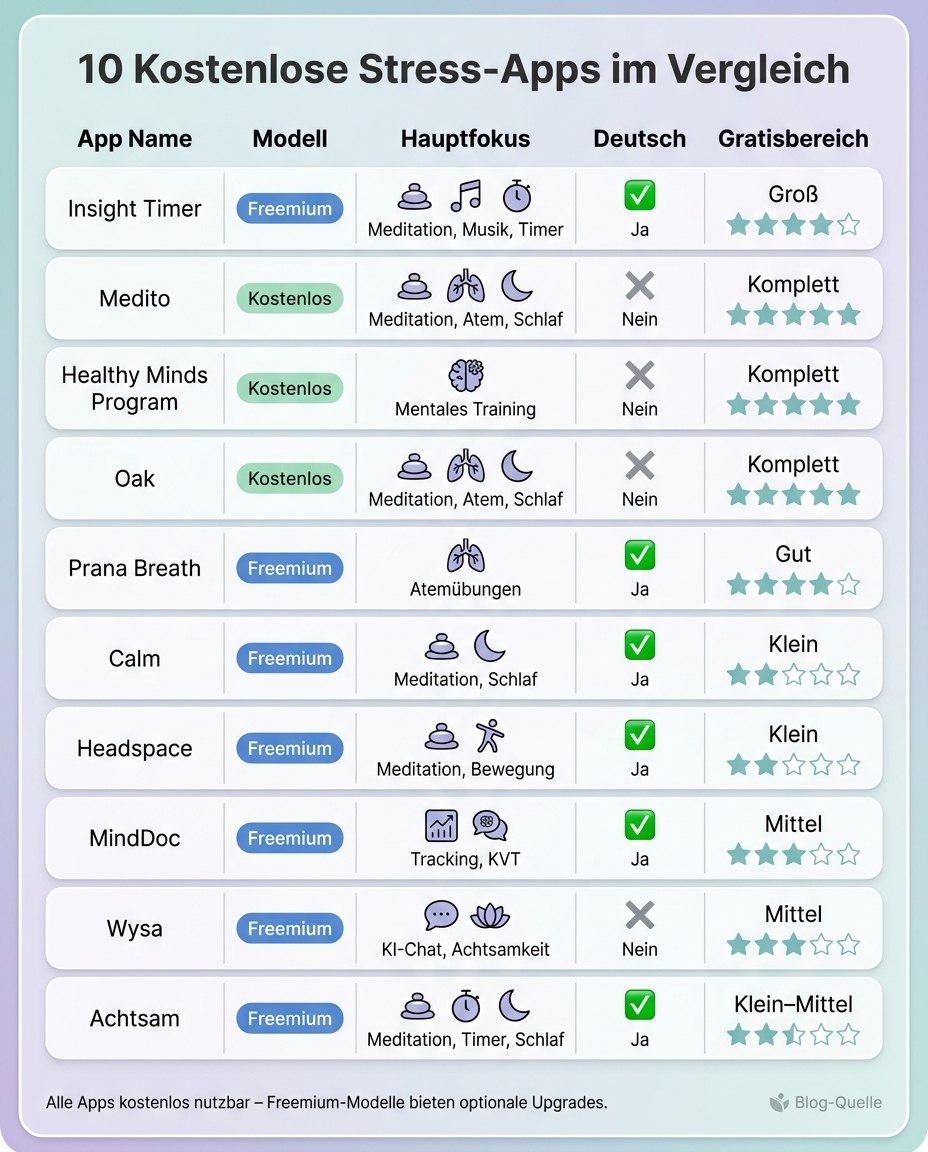 10 Kostenlose Stress-Apps im Vergleich: Gratisumfang, Sprache & Fokus