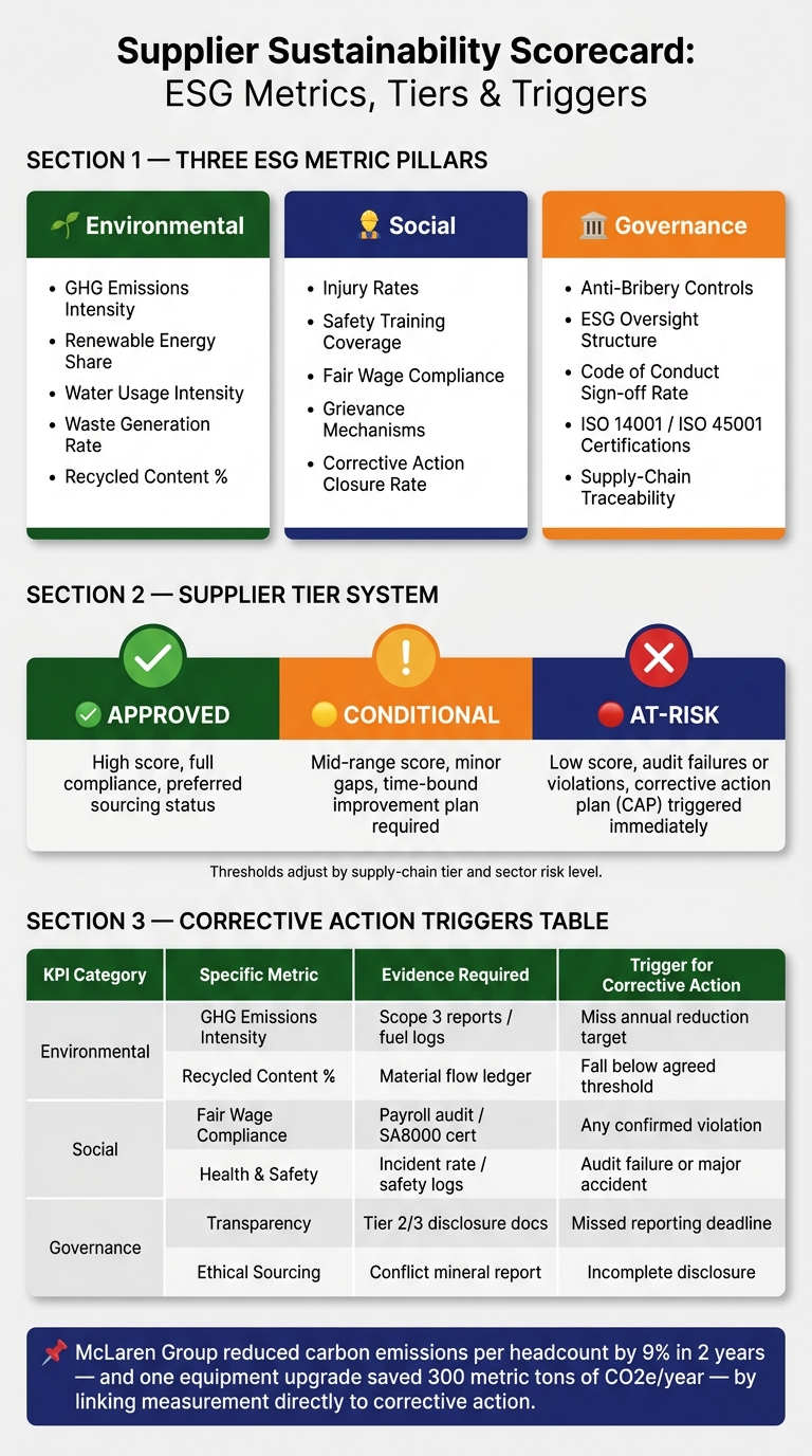 Supplier Sustainability Scorecard: ESG Metrics, Tiers & Triggers at a Glance