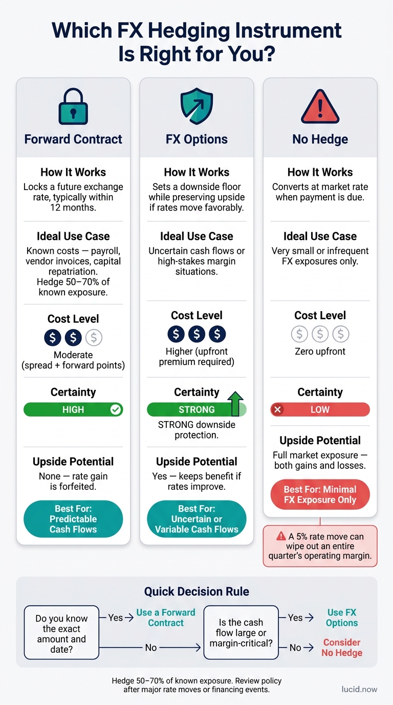 FX Hedging Instruments Compared: Forwards vs Options vs No Hedge