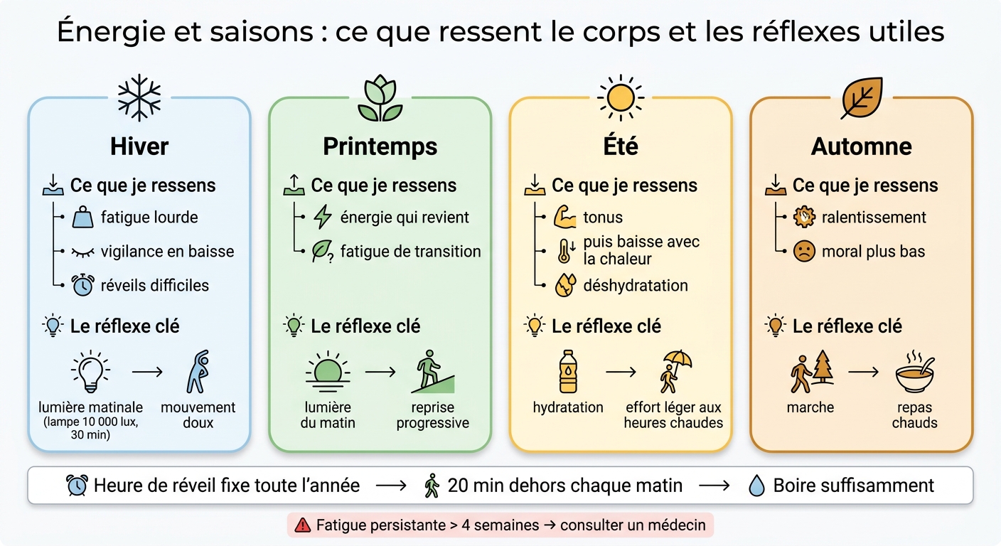Énergie et saisons : symptômes et réflexes clés par saison