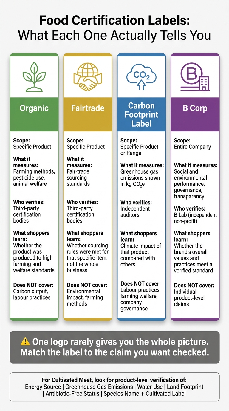 Food Certification Labels Compared: Organic, Fairtrade, Carbon, B Corp & Cultivated Meat