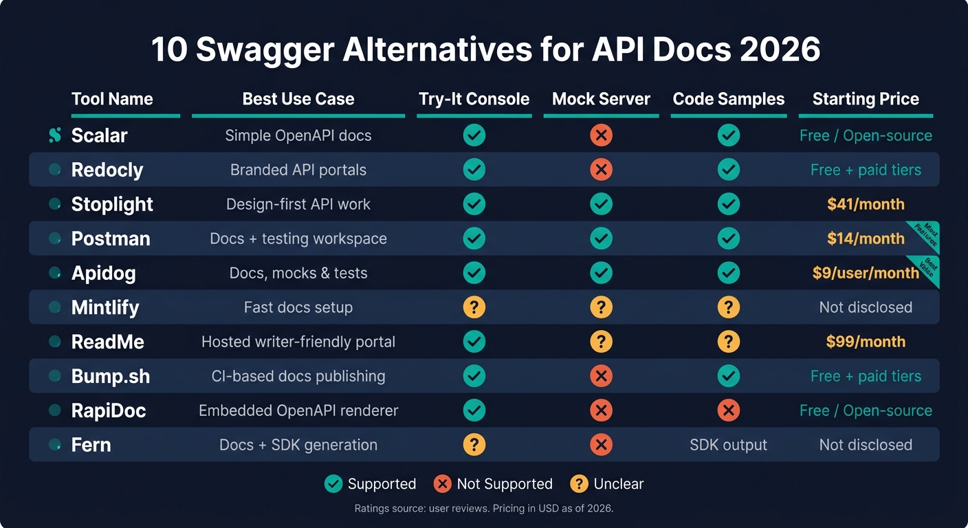 10 Swagger Alternatives Compared: Features & Pricing 2026