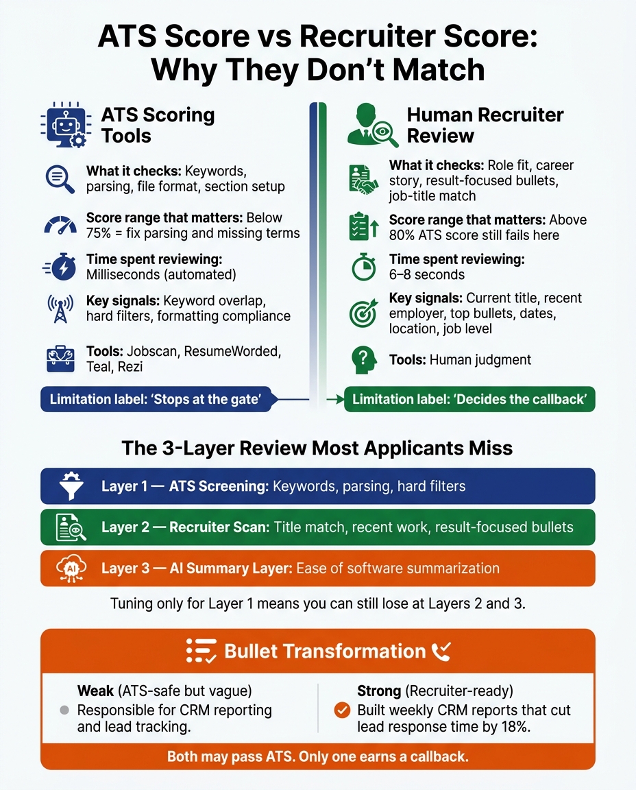 ATS Score vs Recruiter Score: What Each Tool Actually Measures