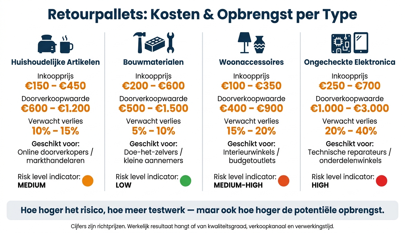 Retourpallets Vergelijking: Inkoopprijs, Verlies & Doorverkoopwaarde per Type