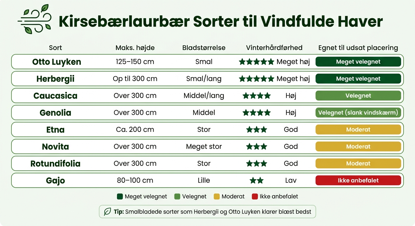 Kirsebærlaurbær Sorter til Vindfulde Haver – Sammenligning