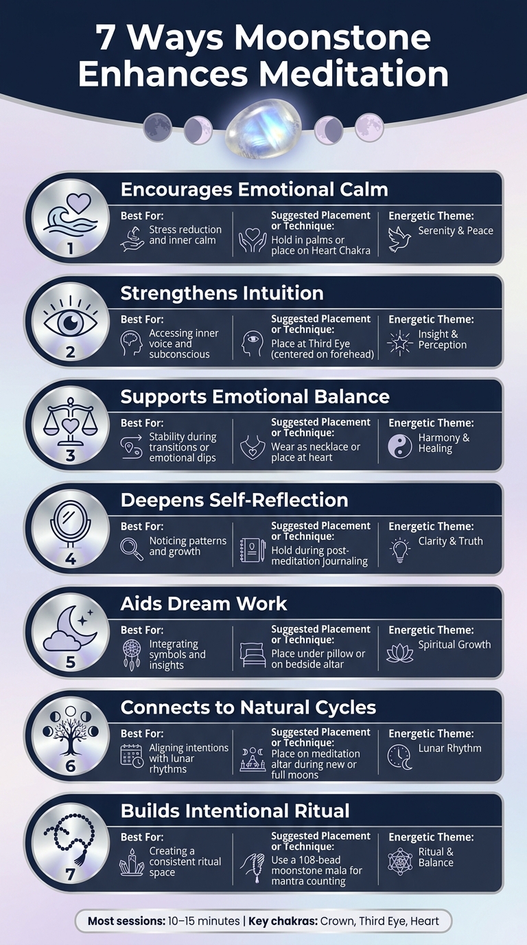 7 Ways Moonstone Enhances Meditation: Benefits, Placements & Themes