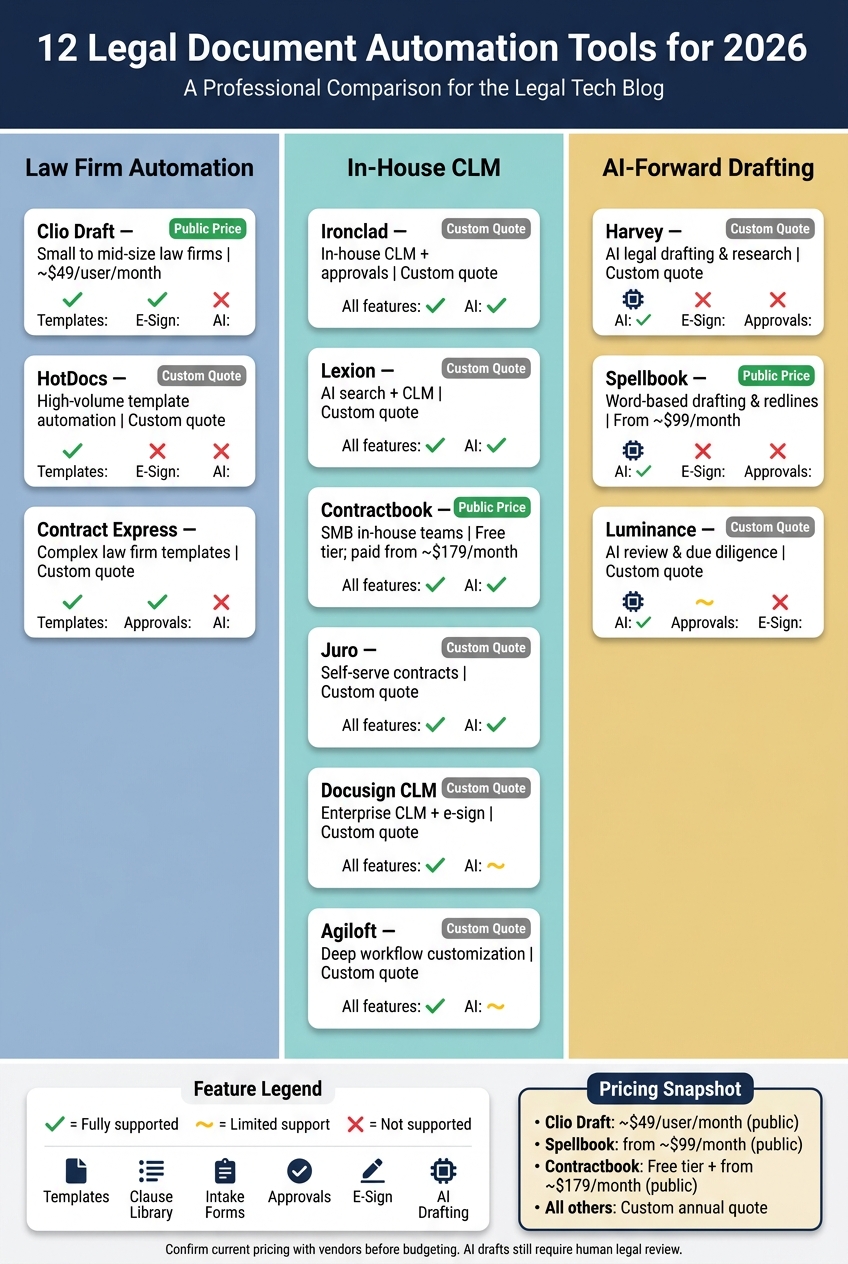 12 Legal Document Automation Tools Compared: Features, Pricing & Best Fit (2026)