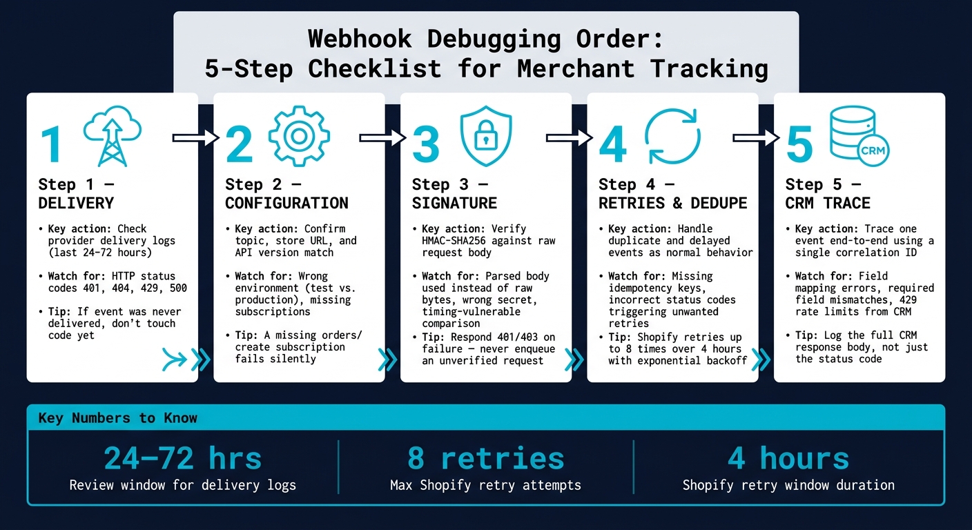 Webhook Debugging Order: 5-Step Checklist for Merchant Tracking