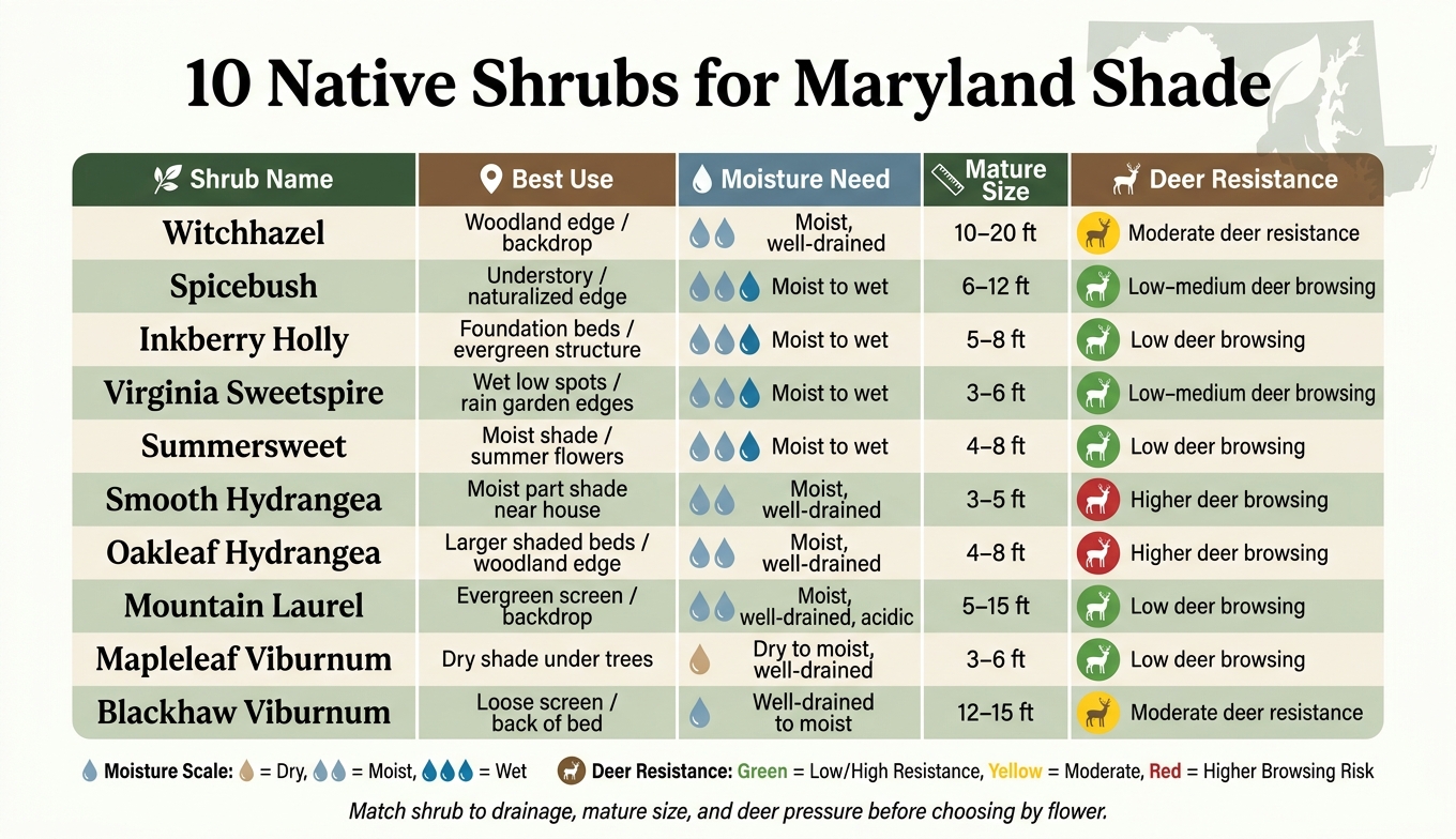 10 Native Shrubs for Maryland Shade: Quick Comparison Guide