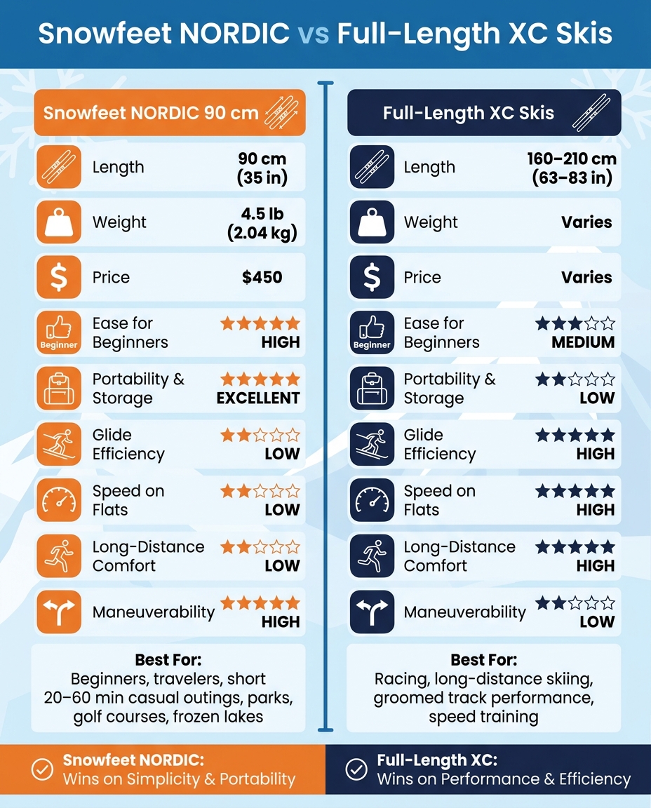 Snowfeet NORDIC vs Full-Length XC Skis: Side-by-Side Comparison