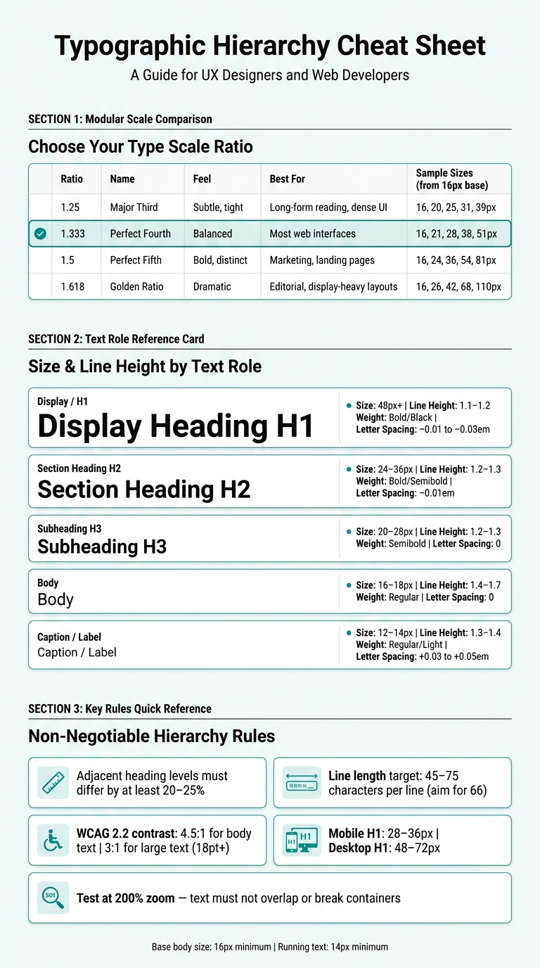 Typographic Hierarchy Cheat Sheet: Sizes, Weights & Contrast Rules