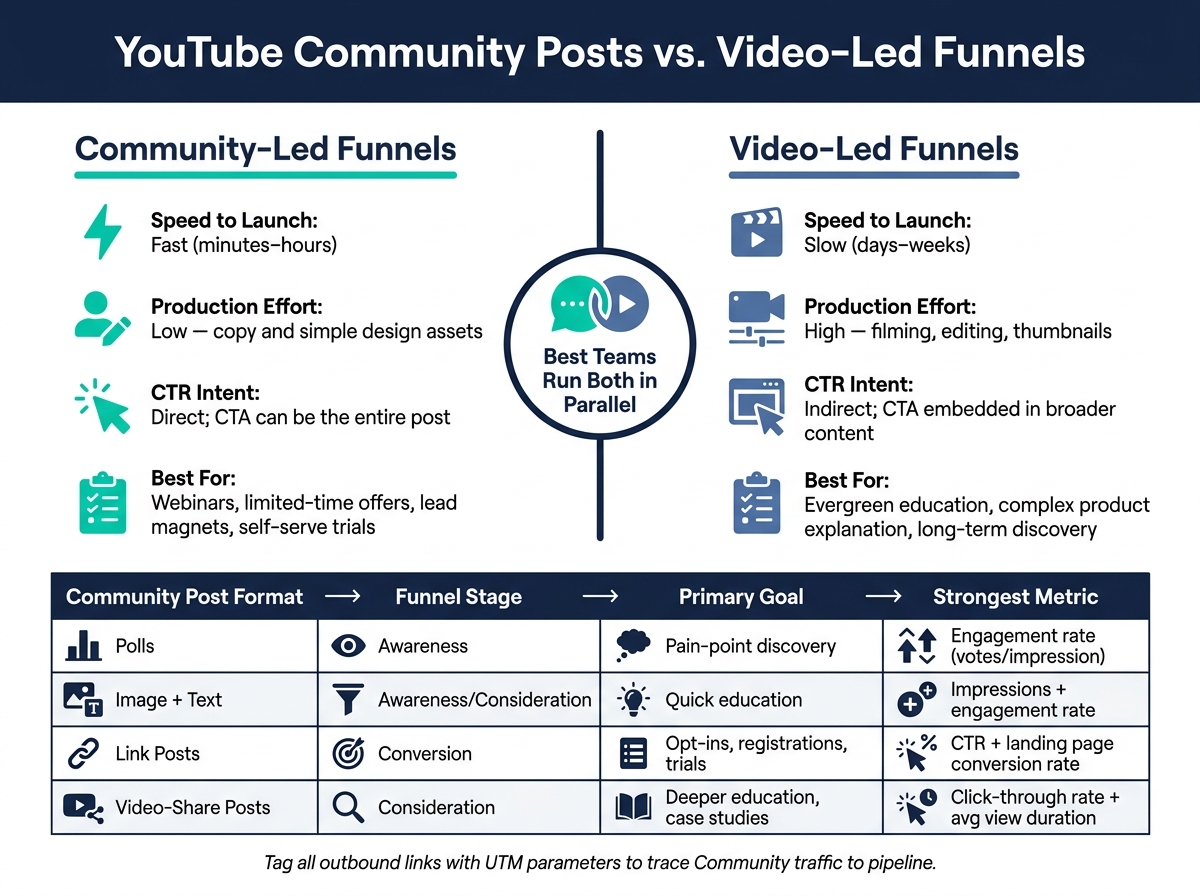 YouTube Community Posts vs. Video-Led Funnels: Speed, Effort & Conversion