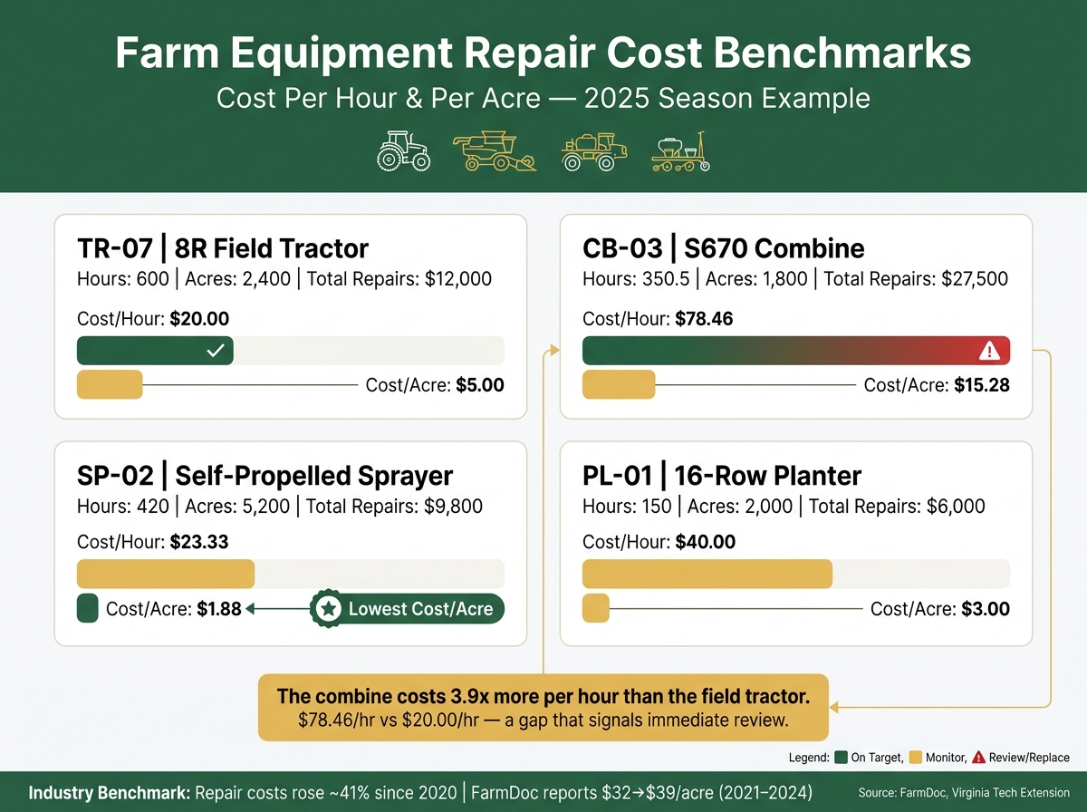 Farm Equipment Repair Cost Benchmarks: Cost Per Hour & Per Acre by Machine Type