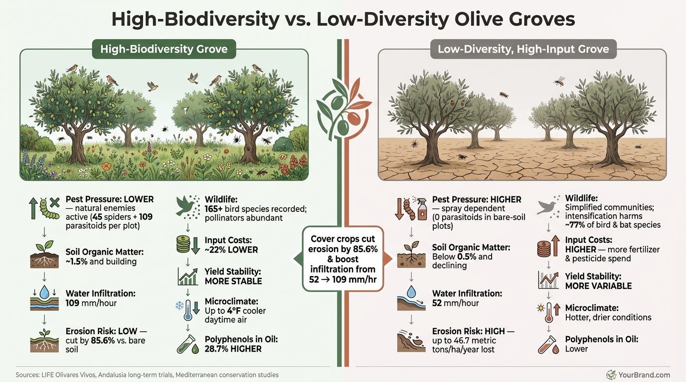 High-Biodiversity vs. Low-Diversity Olive Groves: Key Metrics Compared