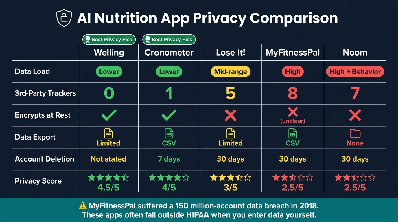 AI nutrition app privacy comparison: data collected, third-party trackers and user control