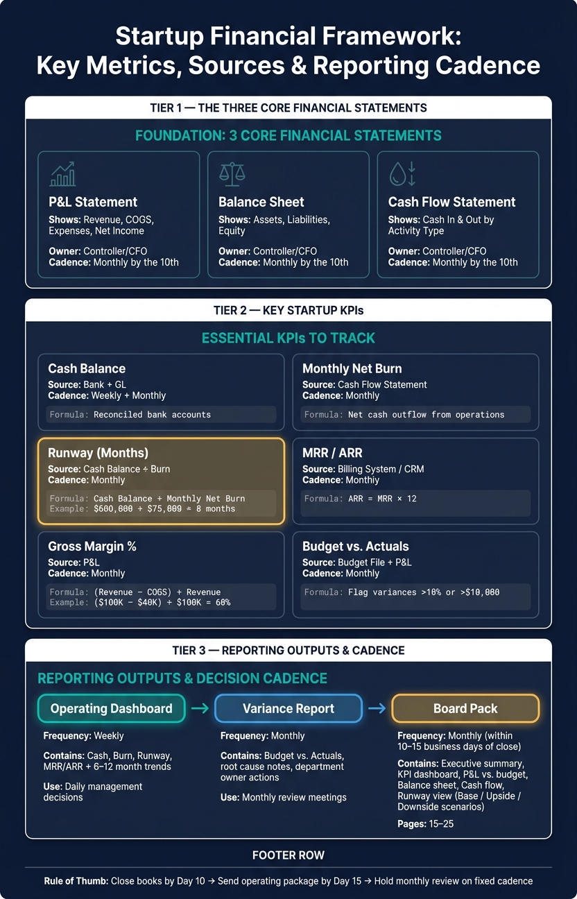 Startup Financial Framework: Key Metrics, Sources & Reporting Cadence