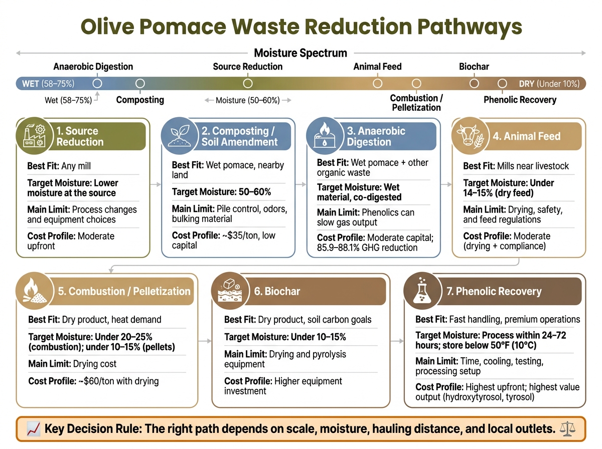 Olive Pomace Waste Reduction Pathways: Moisture, Cost & Best Fit