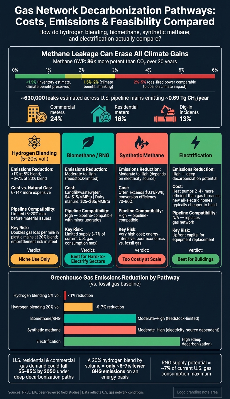 Gas Network Decarbonization Pathways: Costs, Emissions & Feasibility Compared