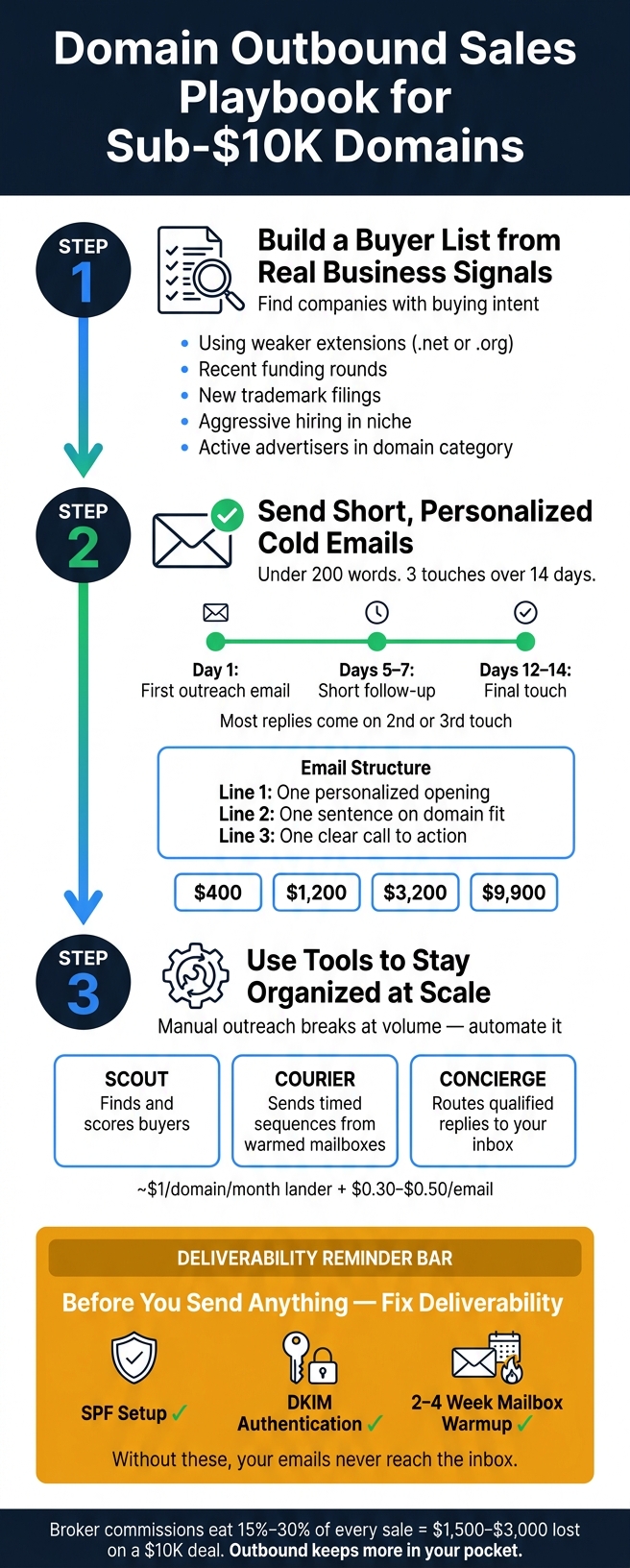 Domain Outbound Sales Playbook: 3-Step Process for Sub-$10K Domains