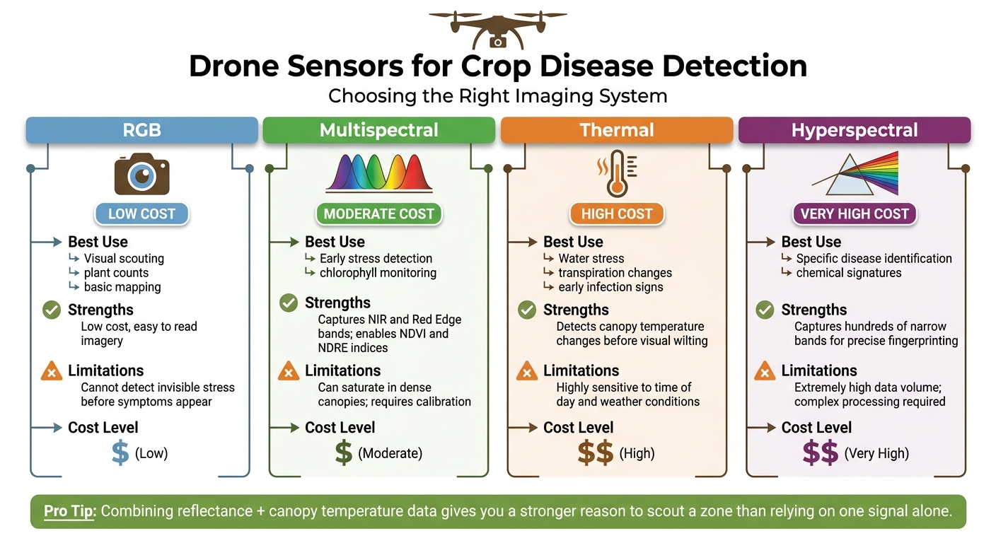 Drone Sensors for Crop Disease Detection: RGB vs Multispectral vs Thermal vs Hyperspectral