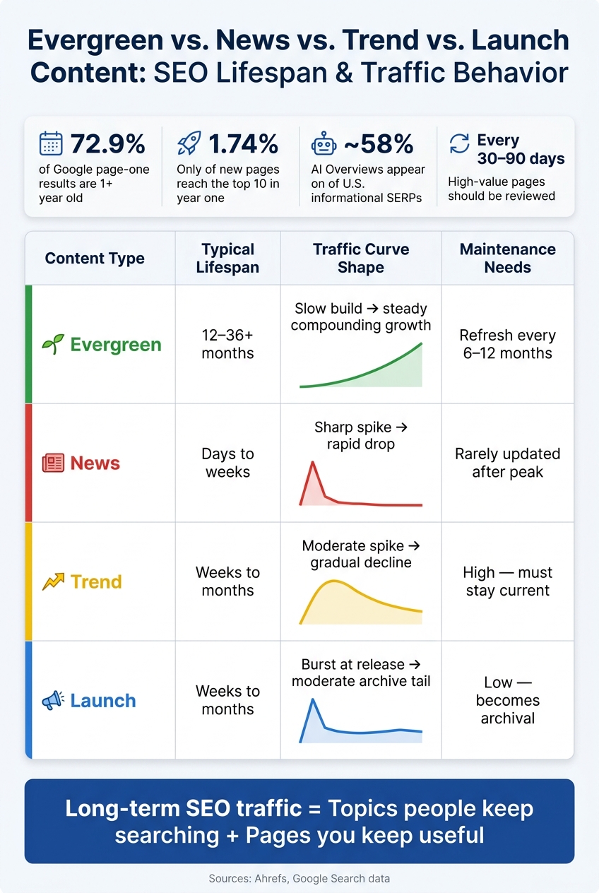 Evergreen vs. News vs. Trend vs. Launch Content: SEO Lifespan & Traffic Behavior