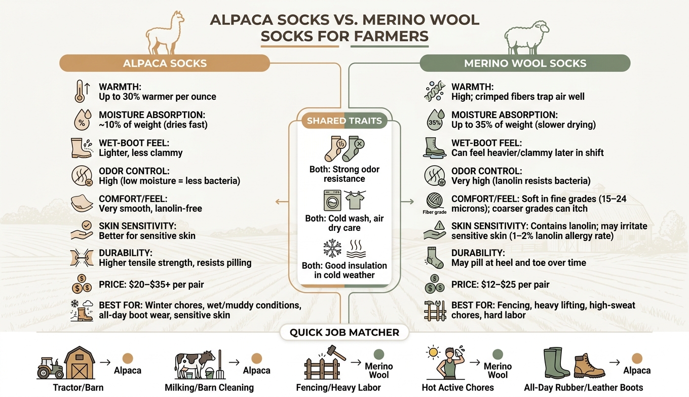 Alpaca Socks vs. Wool Socks for Farmers: Key Differences at a Glance