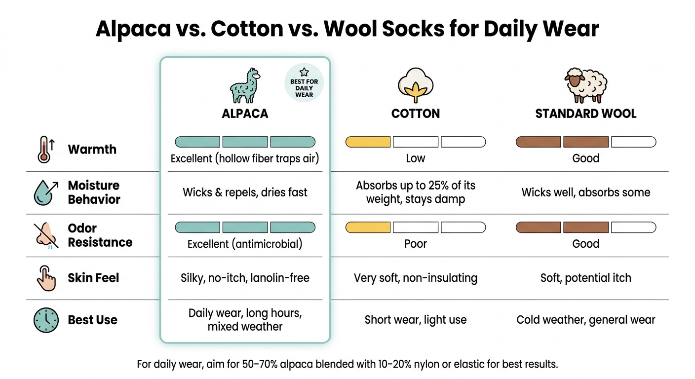 Alpaca vs. Cotton vs. Wool Socks: Daily Wear Comparison