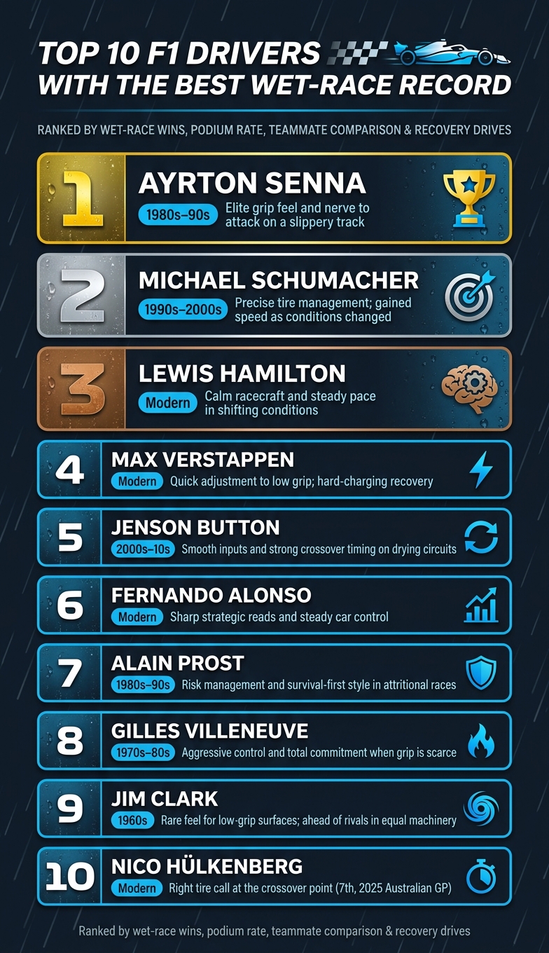 Top 10 F1 Drivers with the Best Wet-Race Record