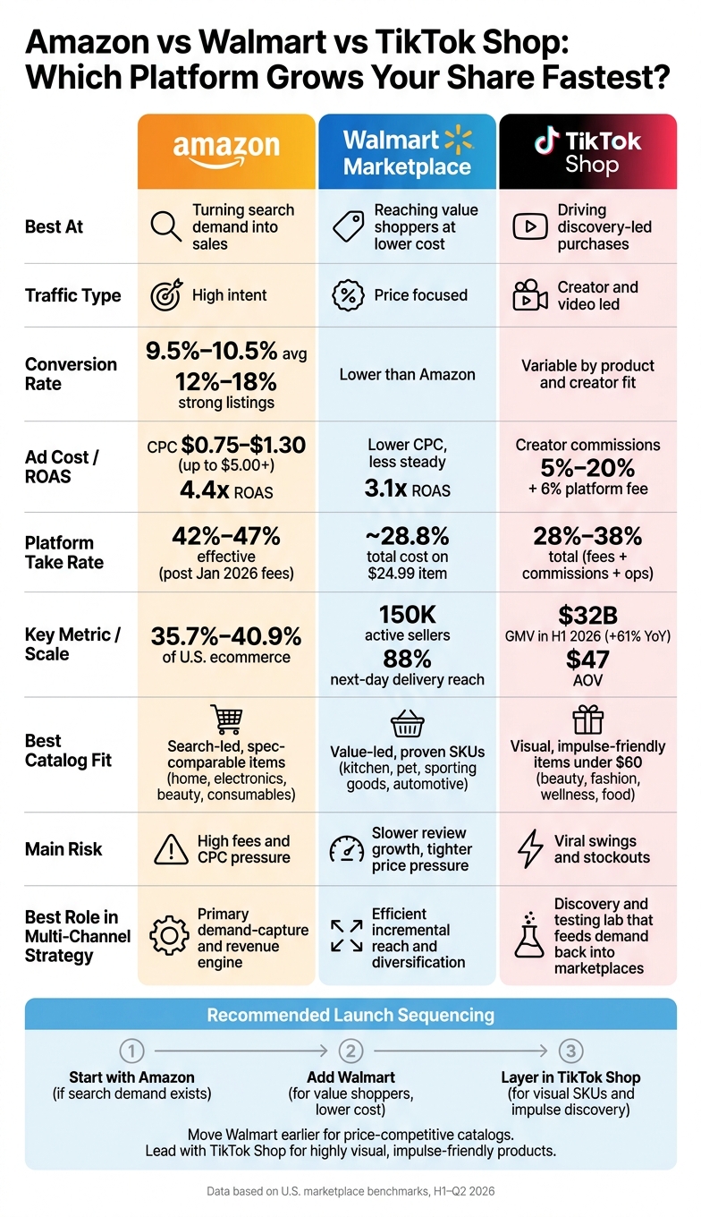 Amazon vs Walmart vs TikTok Shop: Platform Comparison for Ecommerce Sellers (2026)