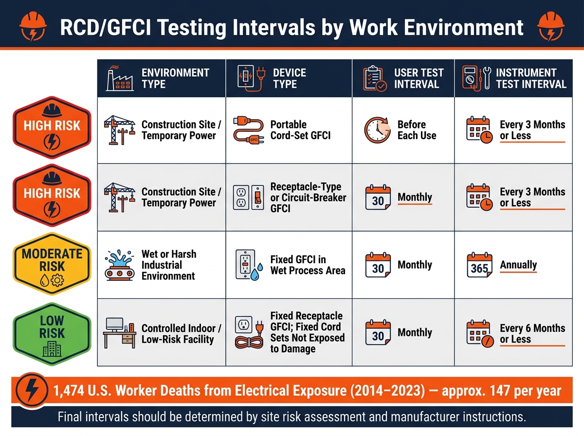 RCD/GFCI Testing Intervals by Work Environment
