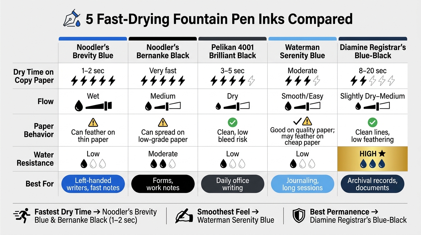 5 Fast-Drying Fountain Pen Inks Compared: Speed, Flow & Permanence